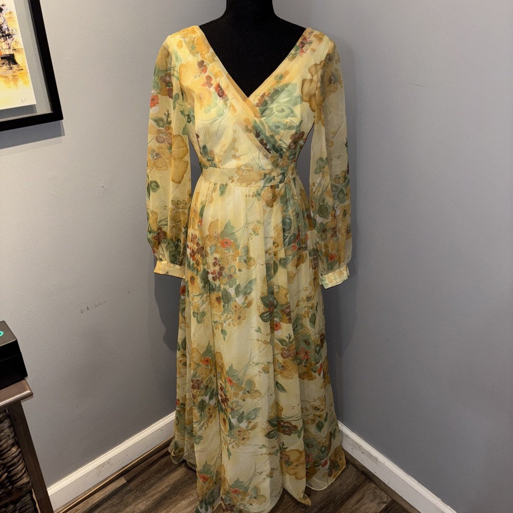 VTG 80's Maxi  Dress Chiffon Butter Yellow Floral Formal  Gown  Sz8 Union Made‎